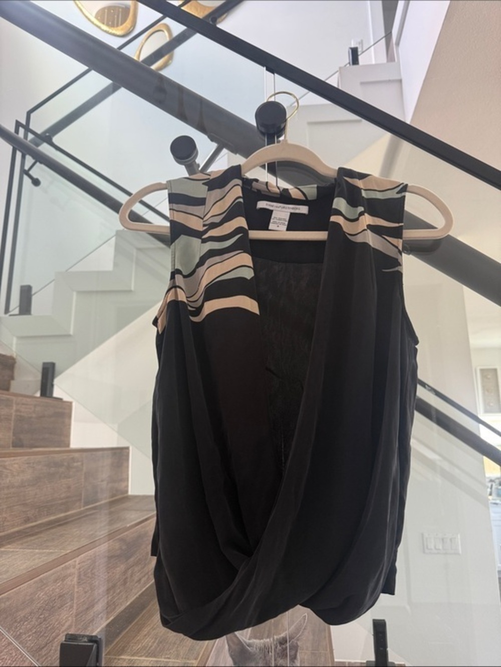 Diane Von Furstenberg Sleeveless Black Draped V-Neck Top with Striped Detail